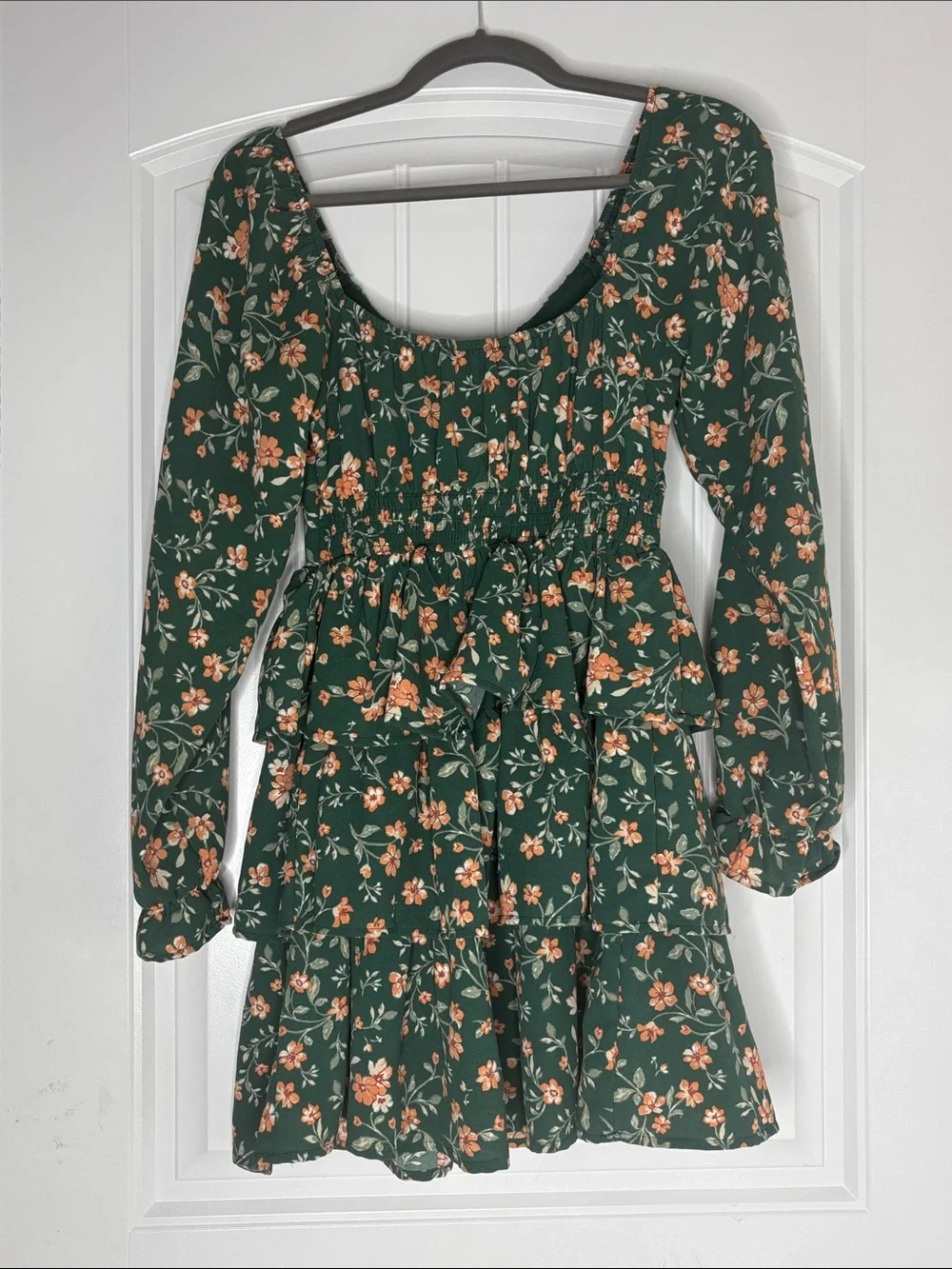 Inspired Hearts Forest Green Floral Tiered Dress with Peach Blooms - Picture 4 of 4